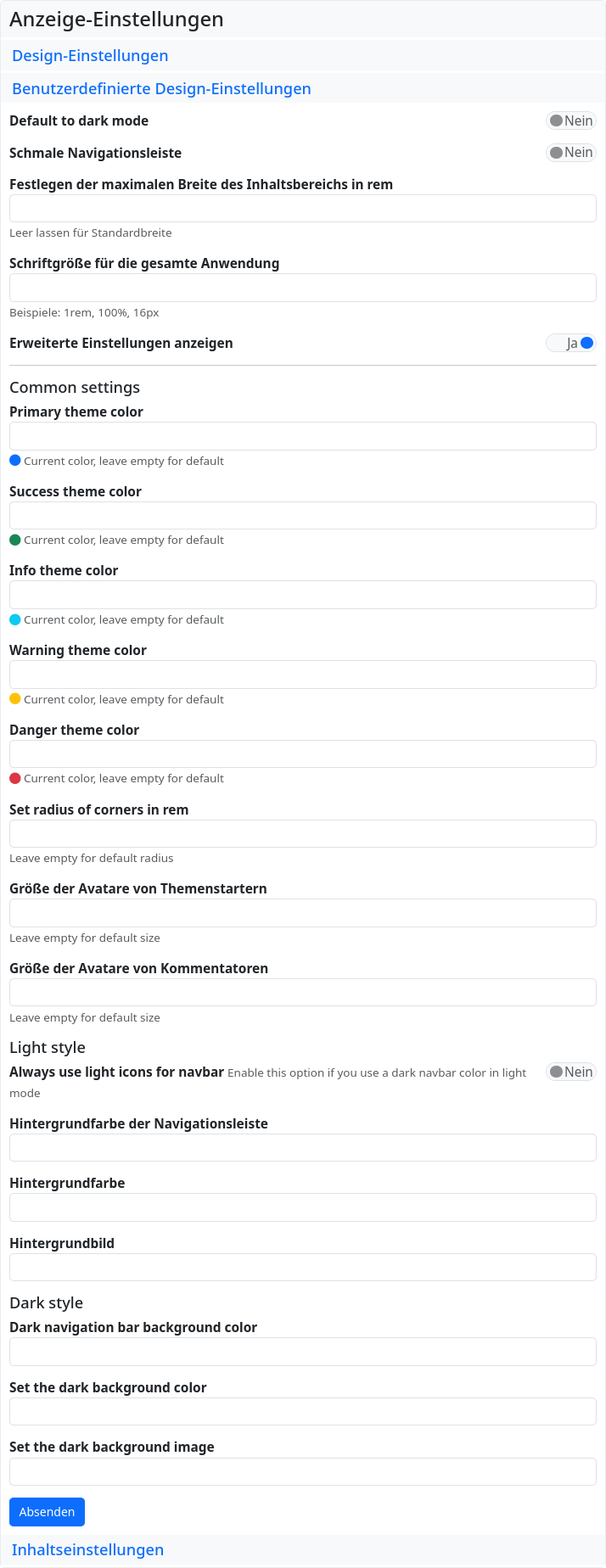 Benutzerdefinierte Design-Einstellungen - erweitert