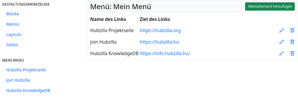 Darstellung des Menüs in der App “Webseiten”