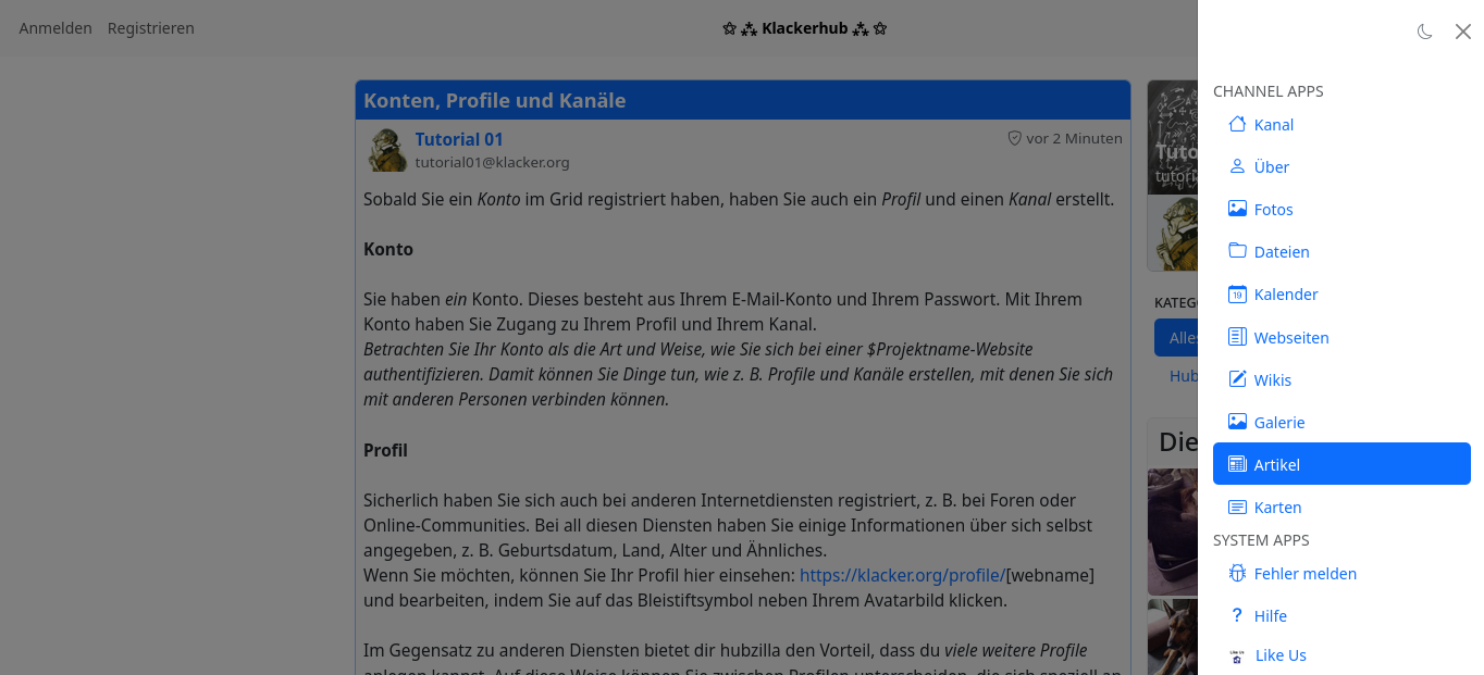 Hubzilla App-Menü wird angezeigt